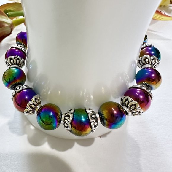 10mm Rainbow Multicolor Hematite Flower Rondelle Beaded Stretch Bracelet - Picture 4 of 7